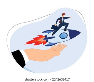 concepto rápido de éxito empresarial. aumentar el negocio. ilustración vectorial de una mano gigante liberando un cohete. vector plano del hombre de negocios montando un cohete