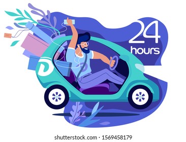 Fast car delivery. Young man on a electric car delivers to order 24 hours at night. Flat vector illustration