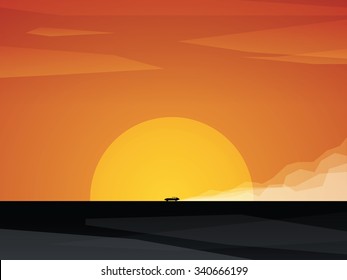 Fast car driving on dusty road with sunset in background. Bright orange sun and sky against black landscape. Eps10 vector illustration.