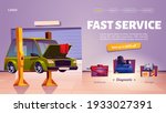 Fast car service banner. Auto maintenance, diagnostic and repair center. Vector landing page with cartoon interior of mechanic garage, vehicle workshop with car on lift