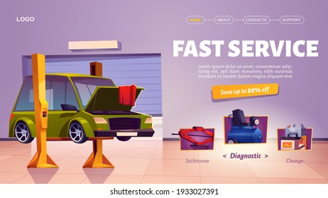 Fast car service banner. Auto maintenance, diagnostic and repair center. Vector landing page with cartoon interior of mechanic garage, vehicle workshop with car on lift