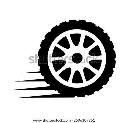 Fast car wheel icon, auto tire motion, car wheel with speed lines