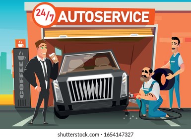 Fast Car Wheel Replacement Service during Coffee Break. Repairmen Replacing or Fitting Tire while Client Drink Hot Takeaway Beverage. Round Clock Automotive Garage. Vector Flat Cartoon Illustration