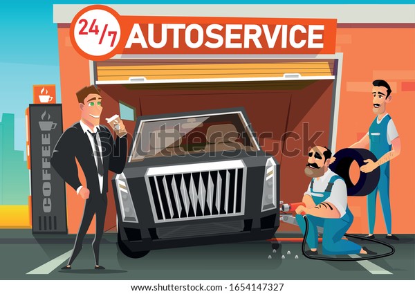 Fast Car Wheel Replacement Service during\
Coffee Break. Repairmen Replacing or Fitting Tire while Client\
Drink Hot Takeaway Beverage. Round Clock Automotive Garage. Vector\
Flat Cartoon Illustration