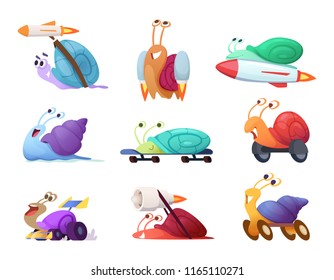 Fast cartoon snails. Business concept characters of competitive quick cute slug vector race mascots in action poses. Illustration of snail fast and speed, slow animal funny