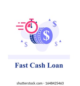 Fast cash loan, dollar coins and stopwatch, financial solution, micro lending, easy money transfer, finance provision concept, send currency quickly, vector flat illustration