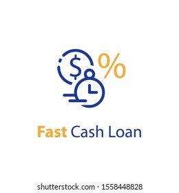 Fast cash loan, financial supply, banking service, instant money transfer, payment fee, vector line icon