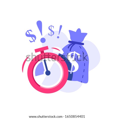 Fast cash and stopwatch, small loans, borrow money, pay back later, postpone payment, return financial debt, micro lending, finance provision, vector flat illustration