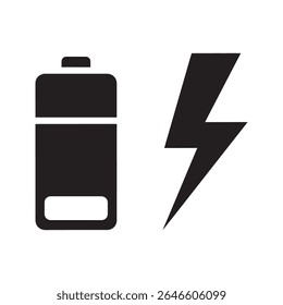 Fast charging battery icon with a lightning bolt representing quick power boost energy storage technology and rapid charging for electronic device vector solid glyph icon
