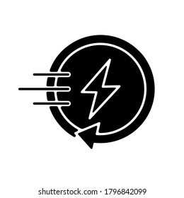 Fast charging black glyph icon. Quick charge technology, electric vehicle recharging station silhouette symbol on white space. Battery power restoration in short time. Vector isolated illustration