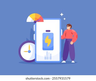 fast charging concept. feature for electronic devices to charge battery faster. illustration of male user and smartphone with full battery. technology. flat style design. element