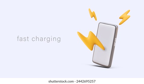 Fast charging concept. Realistic smartphone with blank screen, yellow lightning bolts