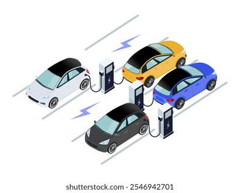 Fast Charging Isometric Illustration of Electric Sedan and Hatchback Car at EV Station: Modern Battery-Powered Vehicles. Vector.