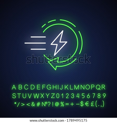 Fast charging neon light icon. Outer glowing effect. Quick charge technology, electric vehicle recharging station sign with alphabet, numbers and symbols. Vector isolated RGB color illustration