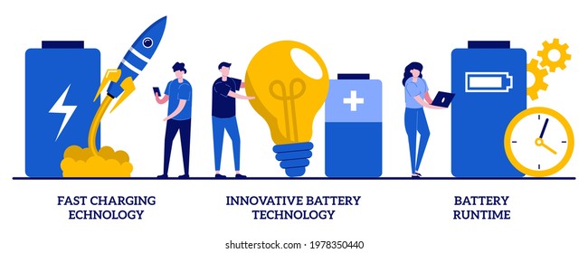 Fast charging technology, innovative battery technology, battery runtime concept with tiny people. Accumulator capacity, energy power source maintenance abstract vector illustration set.