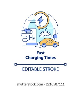 Fast charging time concept icon. Hydrogen fueled car. Benefit of h2 usage abstract idea thin line illustration. Isolated outline drawing. Editable stroke. Arial, Myriad Pro-Bold fonts used