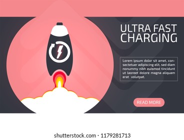 Fast charging vector business concept with starting battery rocket . Trendy  layout template for web site, presentation, brochure cover, wallpaper. 