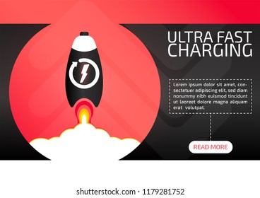 Fast charging vector business concept with starting battery rocket . Trendy  layout template for web site, presentation, brochure cover, wallpaper. 