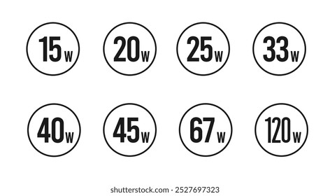 Iconos de vatios de información de Vector de "carga rápida",15w,20w,25w,33w,40w,45w,67,120w