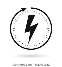 Fast charging vector line icon isolated on white background. Simple web design with clock face and thunder bolt, quickly running time symbol.