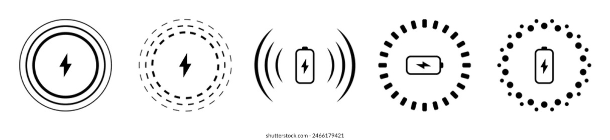Juego de iconos de carga rápida y carga inalámbrica de cinco en color negro. Cargador inalámbrico. Iconos modernos de carga inalámbrica. Recargo del teléfono con signos simples. Ilustración vectorial.