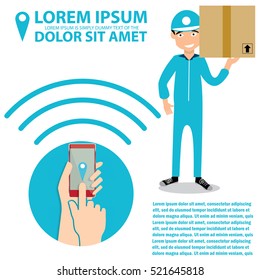 Fast check your Goods Delivery by smart phone apps Flat Vector Illustration. Image of Delivery and Parcels 