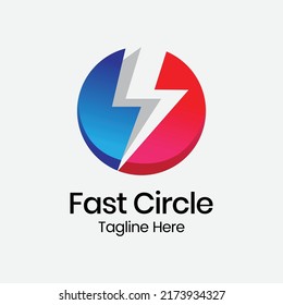 Fast Circle Logo Design Template. Lightning bolt logo. Electricity icon. Electric energy sign. Purple blue gradient. Thunderbolt in a circle. Flash or power symbol. Speed, fast, quick, rapid concept.