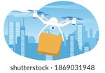 Fast city drone delivery concept. Concept of fast and safe wireless parcel delivery by air with quadcopter drone. Flat cartoon vector illustration