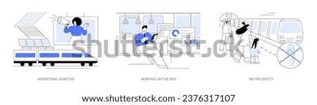 Fast city transport abstract concept vector illustration set. Advertising banner in metro, passenger with smartphone working on the way, underground transport safety rules abstract metaphor.