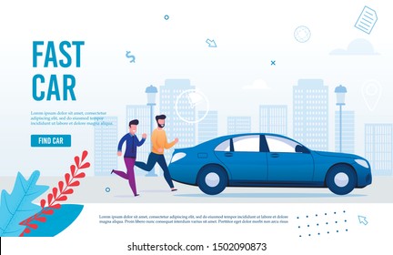 Fast City Transportation Service Webpage Banner. Taxi Landing Page Flat Design. Cartoon Men Running after Modern Eco-Friendly Automobile. Booking Online, Carsharing Promotion. Vector Illustration