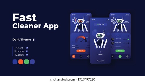 Fast cleaner app cartoon smartphone interface vector templates set. Mobile app screen page night mode design. Gadget memory management panel UI for application. Phone display with mascot robot