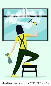 Fast cleaning service. Illustration of worker wiping window with squeegee indoors