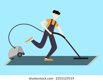 Fast cleaning service. Illustration of worker hoovering carpet with vacuum cleaner on light blue background