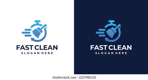 Combinaciones rápidas de diseño del logotipo de limpieza, tiempo y escoba