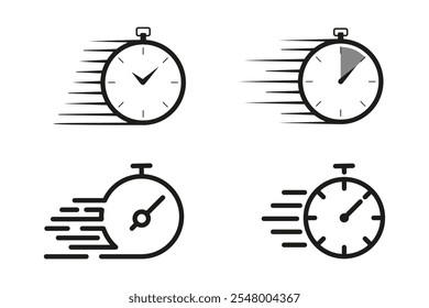 Ícone de relógio rápido. Prazo de entrega expresso. Sinal vetor de relógio rápido isolado no plano de fundo branco. Relógio de velocidade para símbolo de entrega rápida.