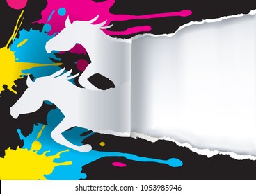 Fast color printing concept.
Two paper Horses ripping paper with print colors splashes. Concept for presenting of color printing. Place for your text or image. Vector available.