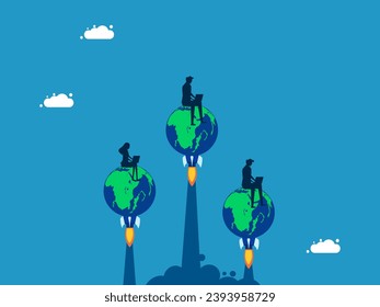 Fast communication around the world. Team of businessmen working on laptops on rocket globe