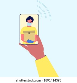 Fast contactless delivery by courier, order via phone, order online. Courier with box, vector illustration.