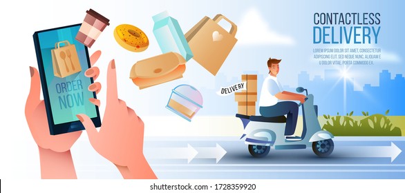 Fast contactless food delivery banner with courier on motorbike, female hands with smartphone. Online shopping concept with paper bag, milk, coffee, lunch. Male delivery person on scooter with boxes