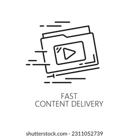 Fast content delivery. CDN. Content delivery network icon, media file upload and update web service, CDN linear vector icon or pictogram with fast moving computer folder containing media files