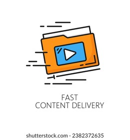 Fast content delivery. CDN. Content delivery network icon, web media file administration and publishing system symbol, website CDN technology thin line vector sign or icon with media file folder