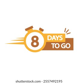 Fast countdown icon. Number eight focus. Bold 8 days to go text. Yellow stopwatch graphic.