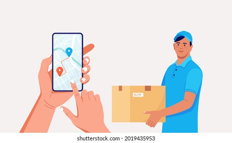 Fast courier with carton box. Smartphone with Mobile App for Delivery Tracking food or parcels. Delivery man in uniform. Vector illustration