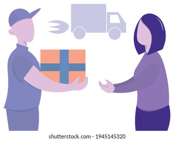 Fast courier delivery of goods. Online shopping. A courier brings purchases in a box to your home. Flat vector illustration.