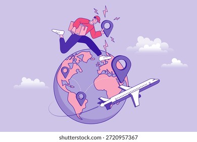 Fast courier man running on earth globe holding package and location pin. Flat vector illustration for international express shipping delivery and global logistics tracking.