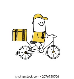 Fast courier rides a bike. Pizza delivery. Funny stick man. Doodle style. Vector illustration.