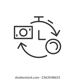 Fast currency exchange, linear icon. Money and a stopwatch. Line with editable stroke