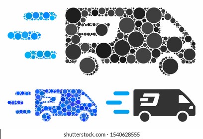 Fast Dash delivery car composition of small circles in various sizes and color tinges, based on fast Dash delivery car icon. Vector small circles are composed into blue collage.