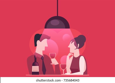 A fast date of a couple in love. Evening dinner with wine. Stylish pink red illustration in flat