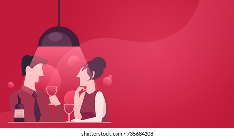 A fast date of a couple in love. Evening dinner with wine. Stylish pink red illustration in flat